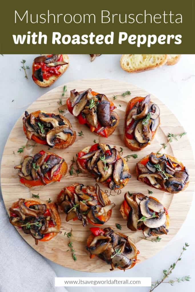 bruschetta on a circular serving tray with a text box with recipe name