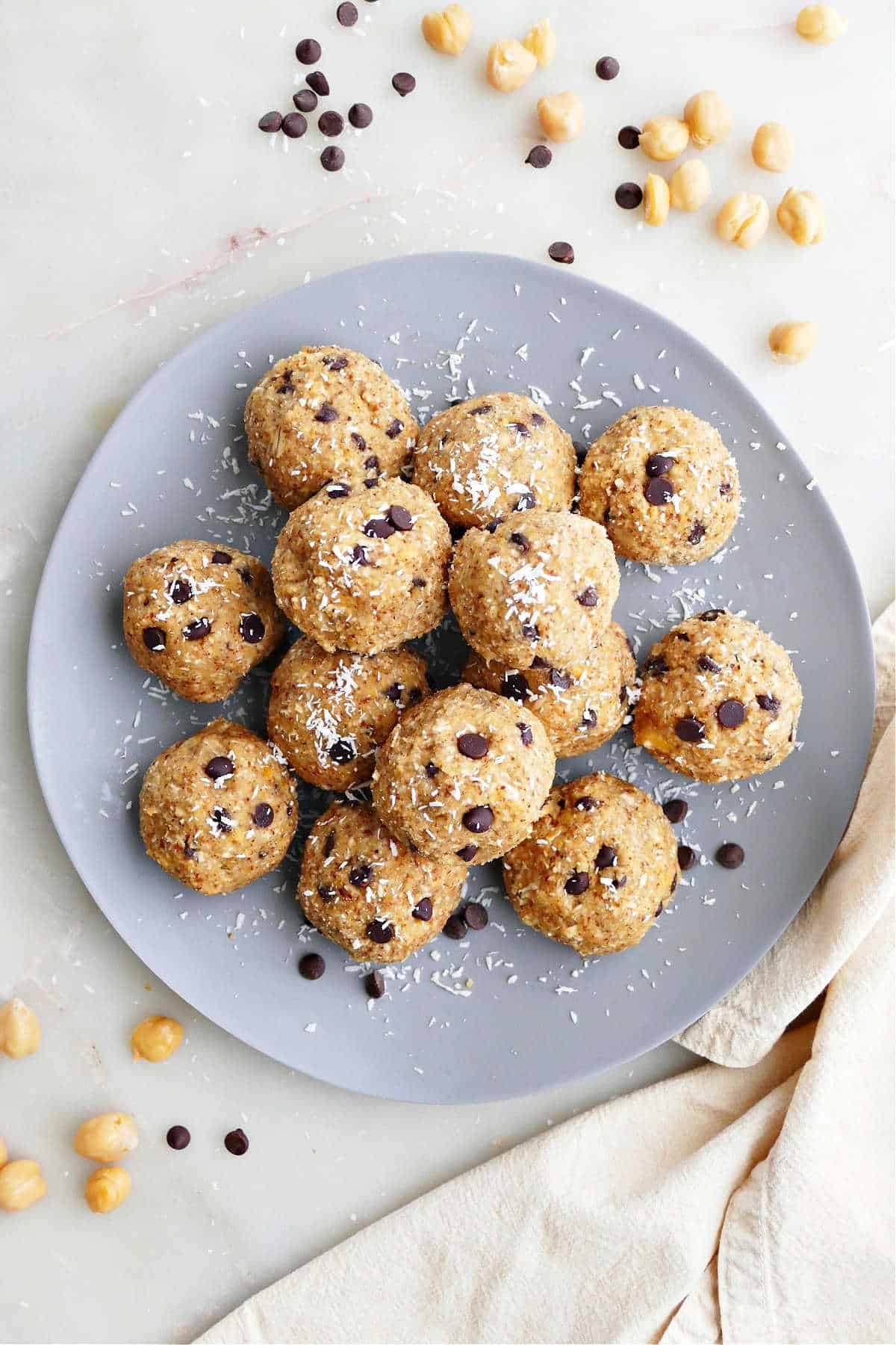 chocolate coconut chickpea cookie dough balls on a serving plate