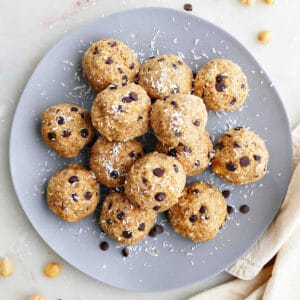 chocolate coconut chickpea cookie dough balls on a serving plate