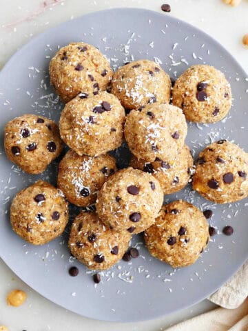 chocolate coconut chickpea cookie dough balls on a serving plate