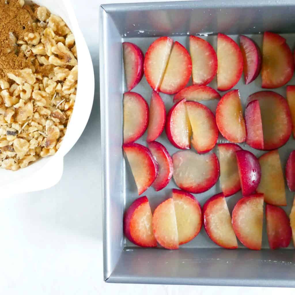 Plum walnut baked oatmeal, a vegetarian and gluten-free breakfast option perfect for holiday meals.