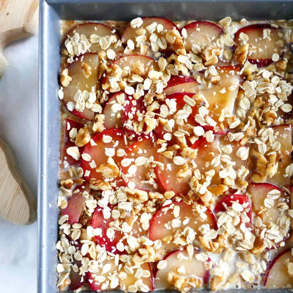 Plum walnut baked oatmeal, a vegetarian and gluten-free breakfast option perfect for holiday meals.