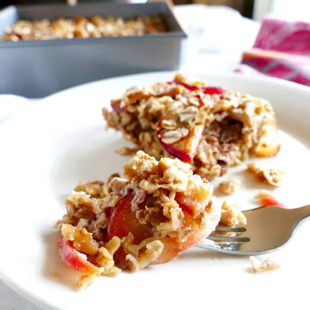 Plum walnut baked oatmeal, a vegetarian and gluten-free breakfast option perfect for holiday meals.