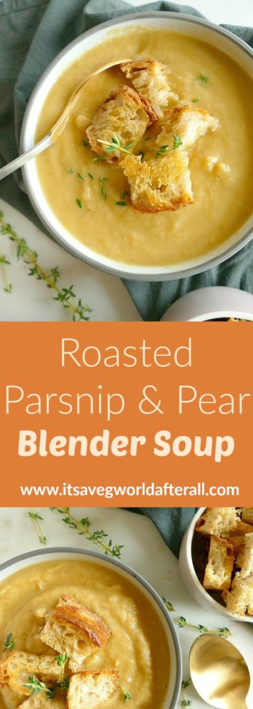 images of parsnip and pear soup separated by a text box with recipe title