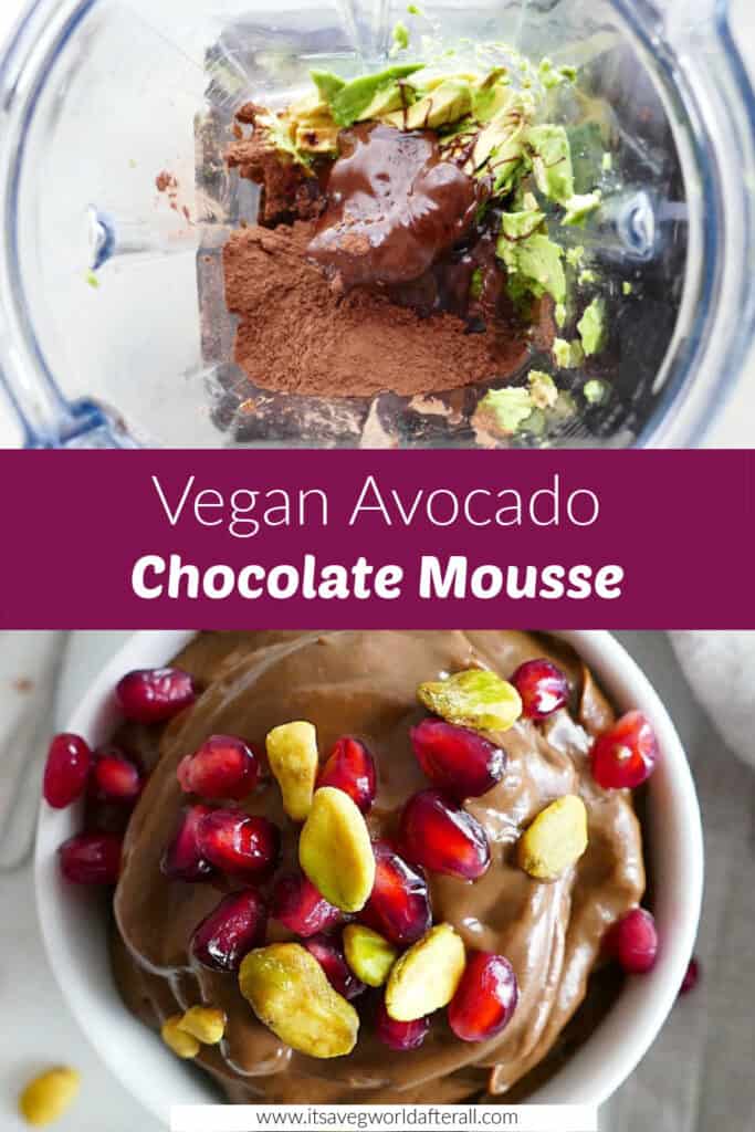 images of avocado chocolate mousse before and after blending separated by a text box