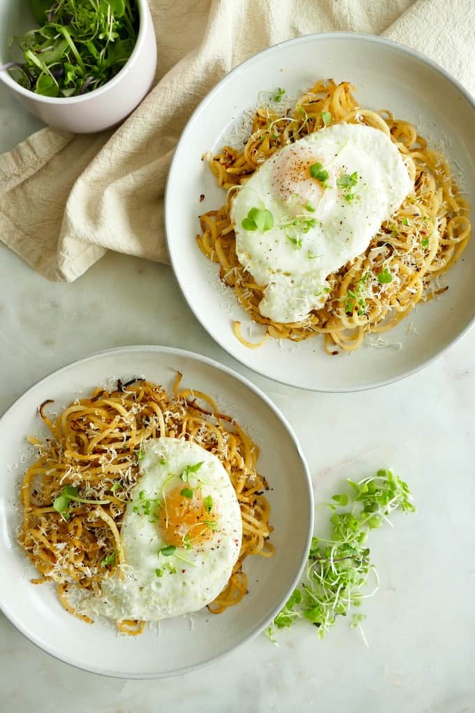 two Spiralized Rutabaga Breakfast Bowls next to each other on a counter