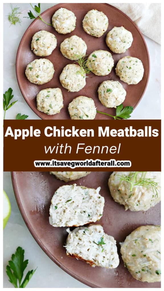 Baked apple, chicken, and fennel meatballs on a plate with text box.