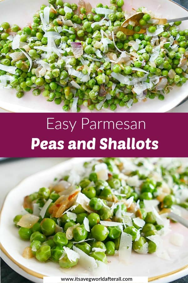 two photos of a pea side dish with a purple text box in the middle