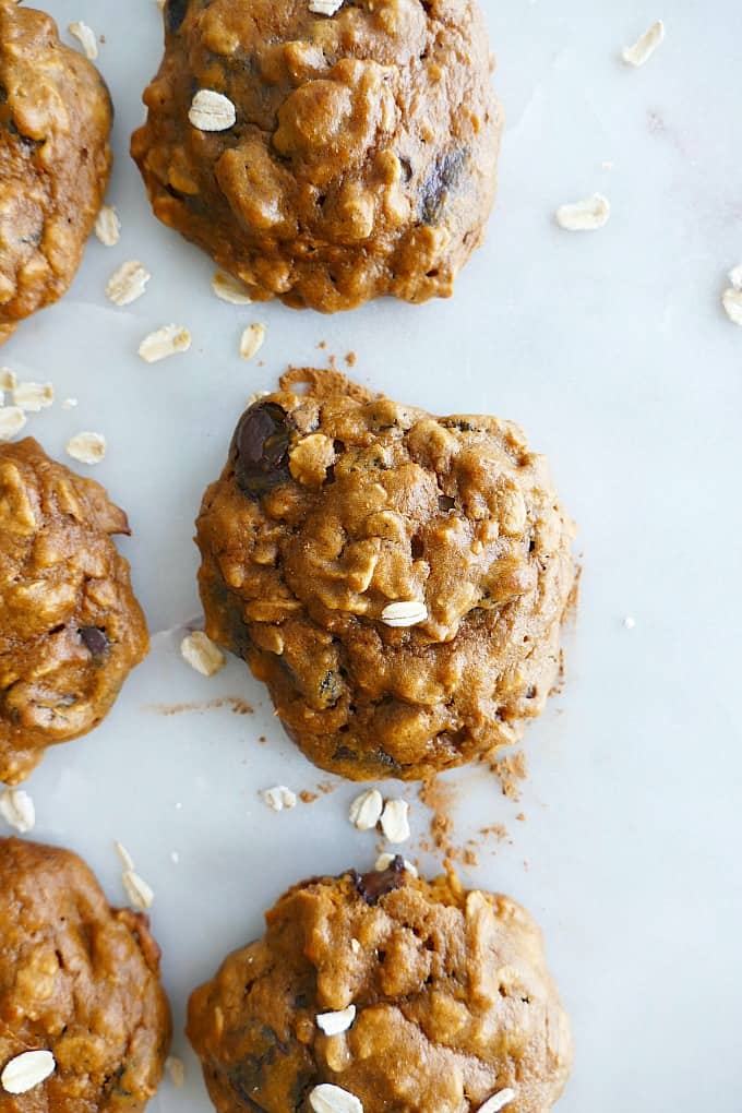 3 sweet potato cookies in a row on a white counter