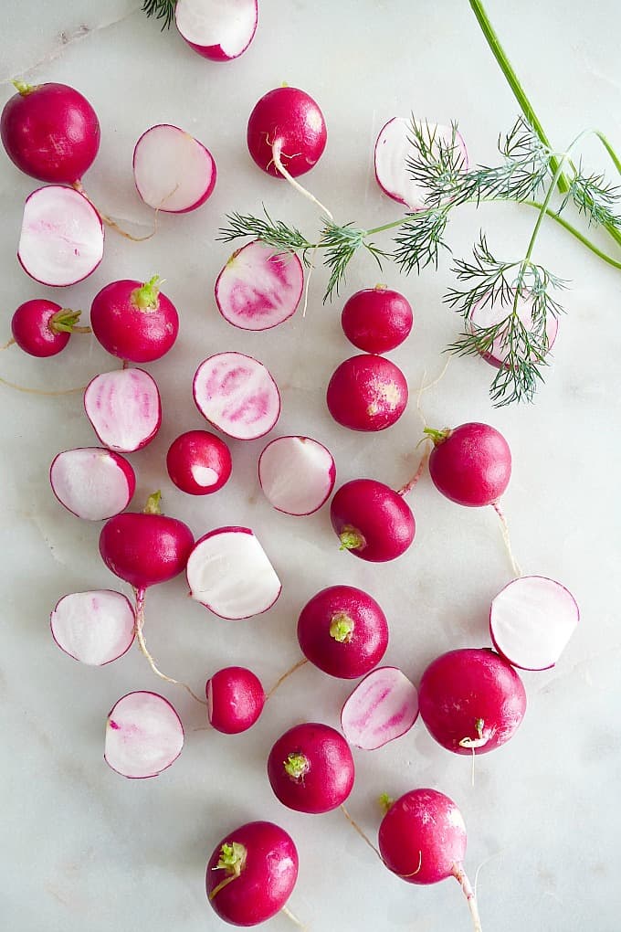 sheet pan dill radishes and salmon