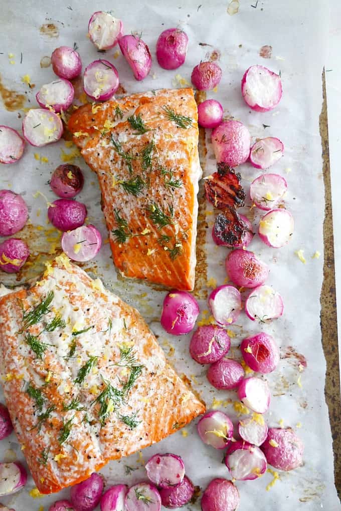 Sheet Pan Dill Radishes and Salmon