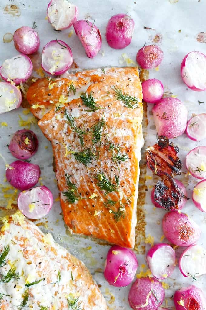 sheet pan dill radishes and salmon