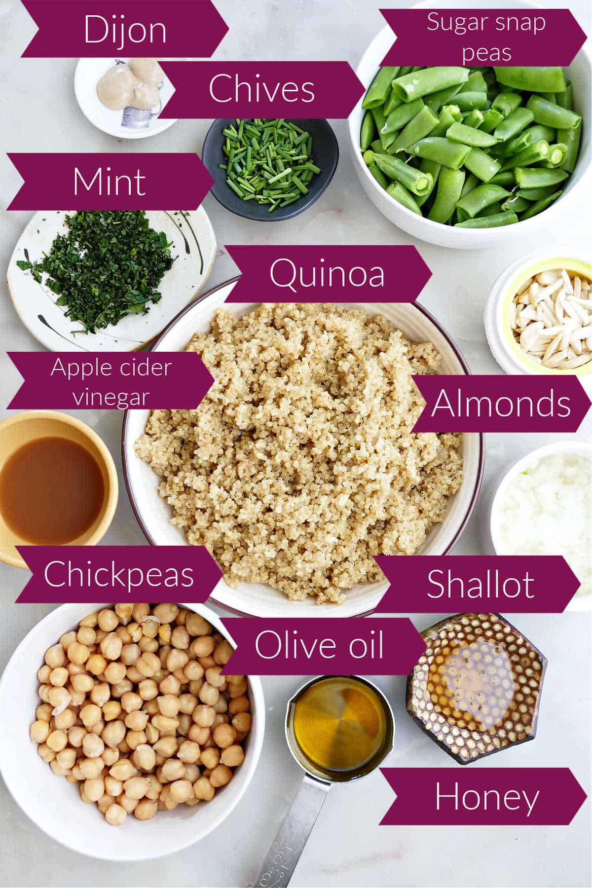 Ingredients for sugar snap pea quinoa salad on a counter with labels.