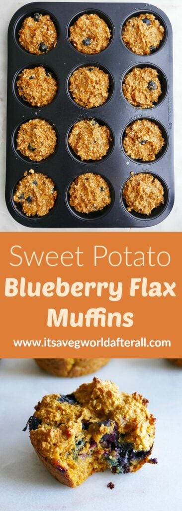 two images of muffins separated by an orange text box with recipe title
