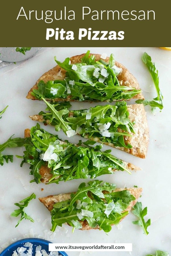 arugula pita pizza sliced into 4 slices with a green text box at the top