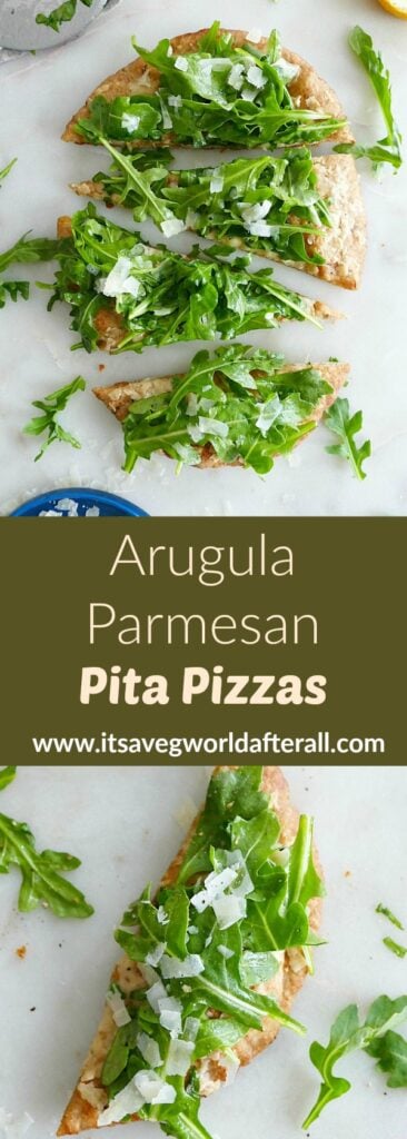 two photos of a pita pizza with arugula on top separated by a text box