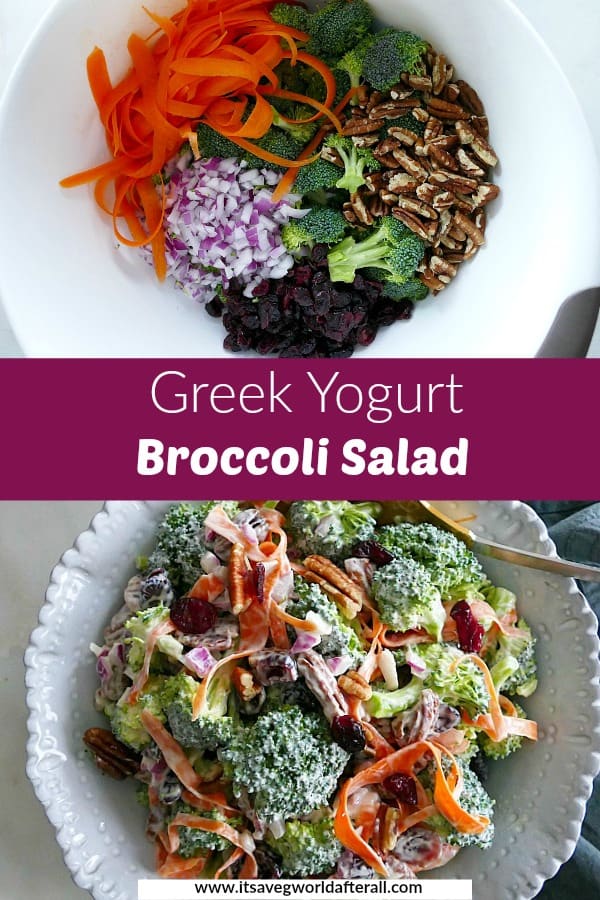 photos of broccoli salad ingredients and finished recipe with a text box in between