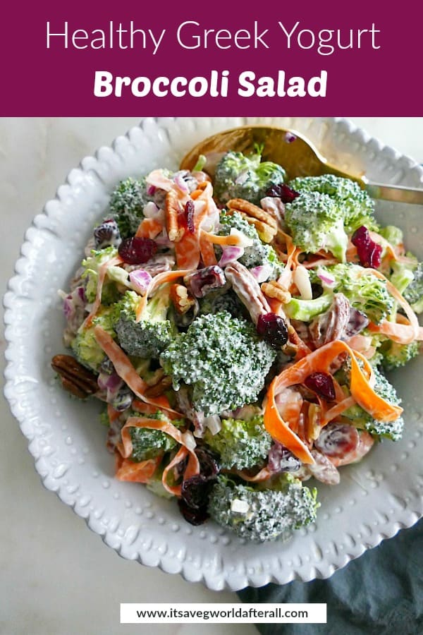 photo of a bowl with broccoli salad with a purple text box