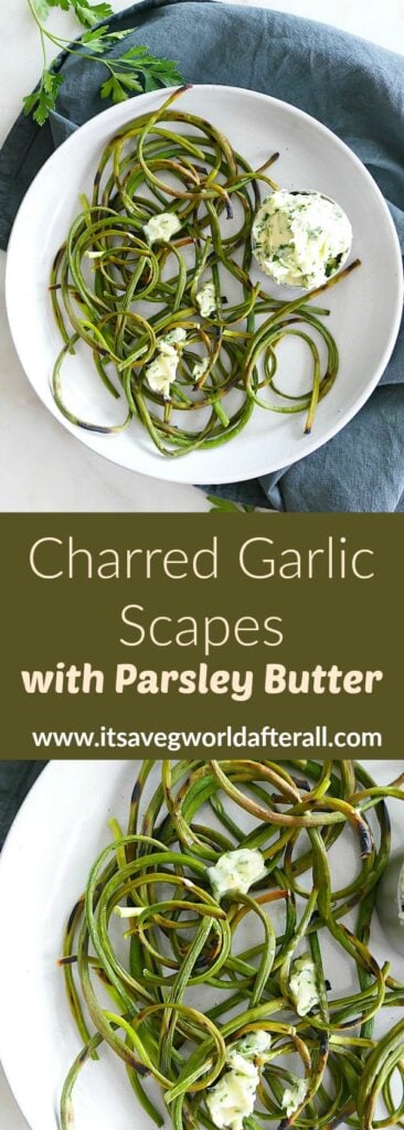 photos of grilled garlic scapes separated by a text box with recipe title