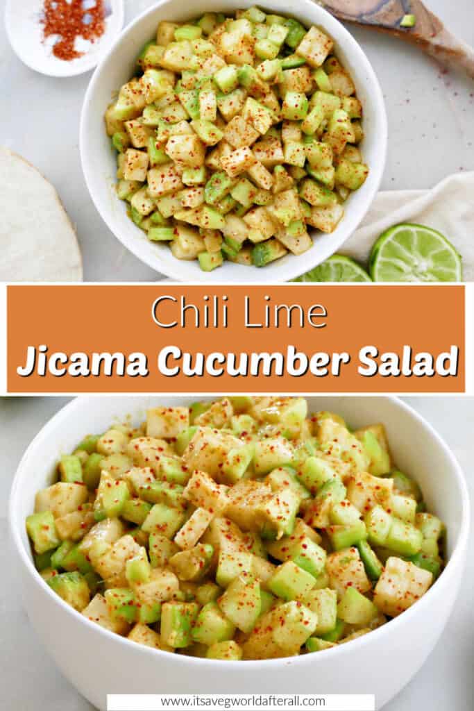Chili Lime Jicama and Cucumber Salad in bowls separated by text box