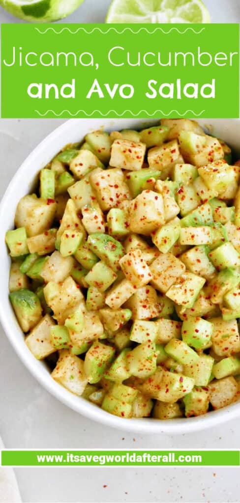 jicama cucumber salad in a bowl with text boxes for recipe name and website