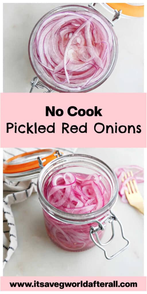 pickled red onions in jars with text boxes for recipe name and website