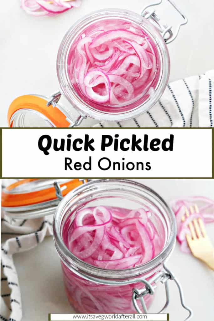 pickled red onions in a jar separated by text box with recipe name
