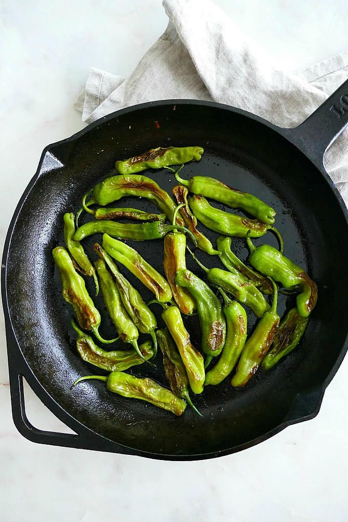 quick blistered shishito peppers in a cast iron skillet