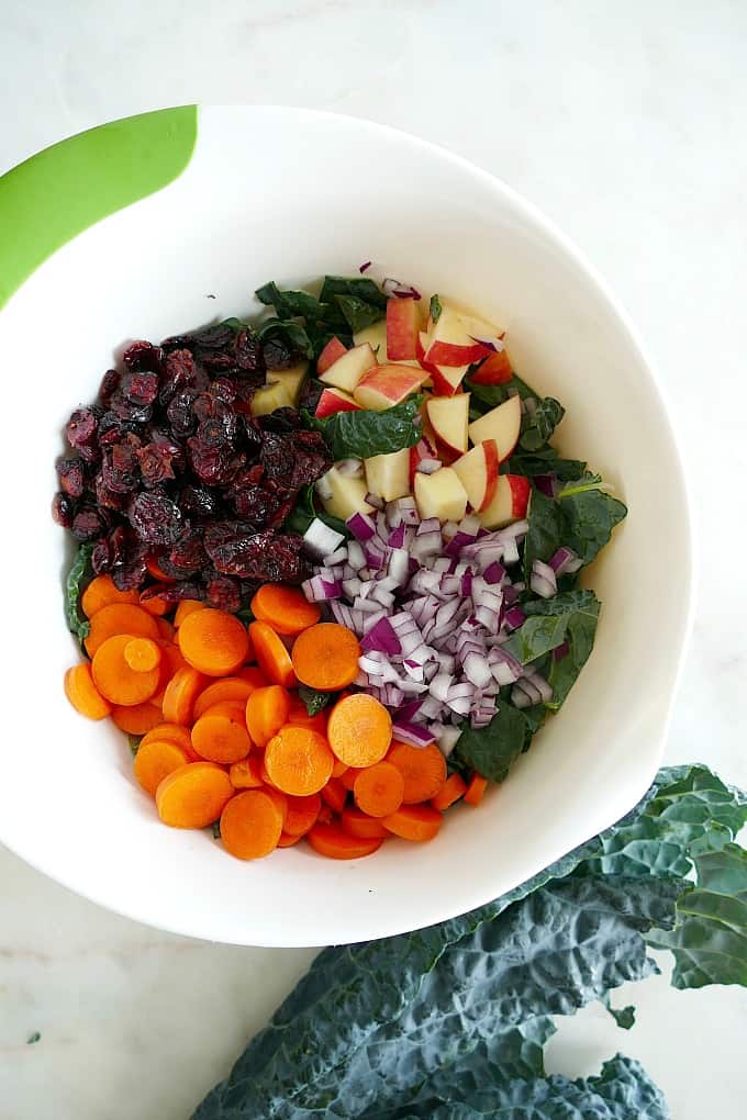 kale, dried cranberries, sliced carrots, chopped apple, and red onion in a mixing bowl