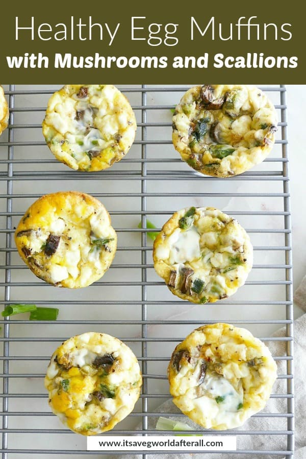image of six breakfast egg muffins on a cooling rack with a text box with recipe title