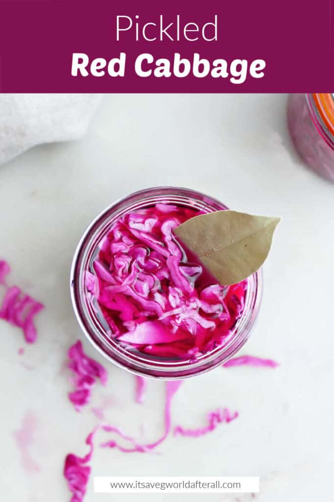 Quick pickled cabbage in a jar under text box with recipe name.