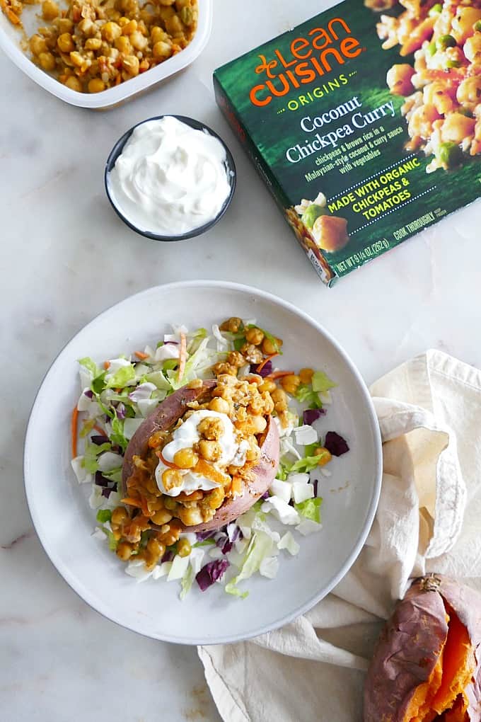 Lean Cuisine Origins Coconut Chickpea Curry served in a stuffed sweet potato