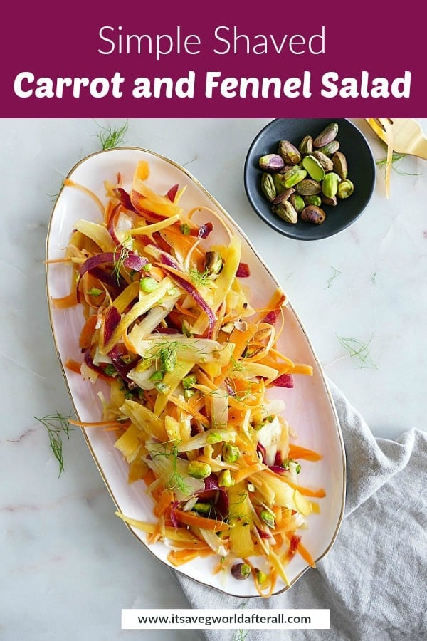shaved carrot and fennel salad on a platter underneath a text box with recipe title