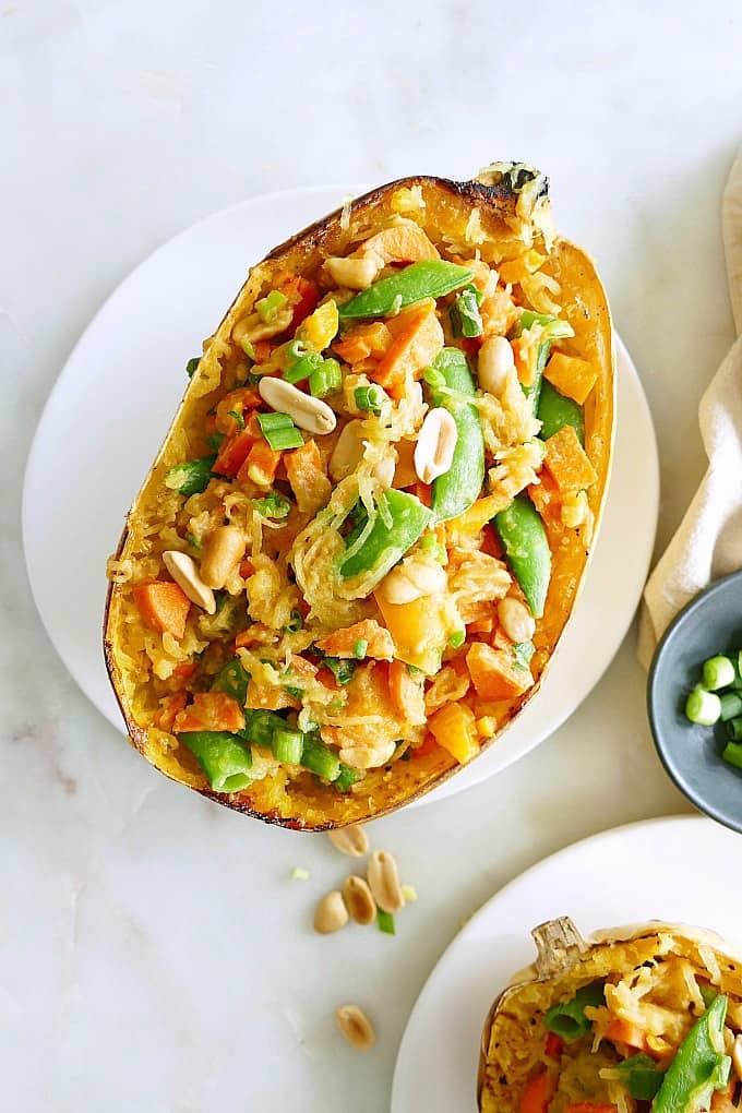 close up of Spaghetti Squash Pad Thai on a white plate on a counter