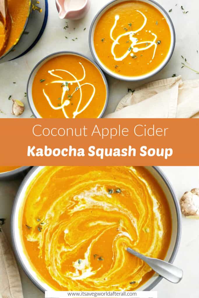 images of kabocha squash soup separated by text box with recipe title
