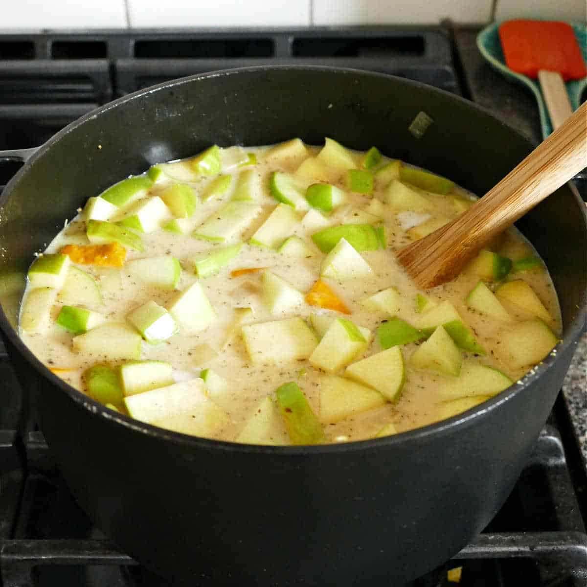 soup pot with squash soup ingredients, coconut milk, and broth over a stovetop