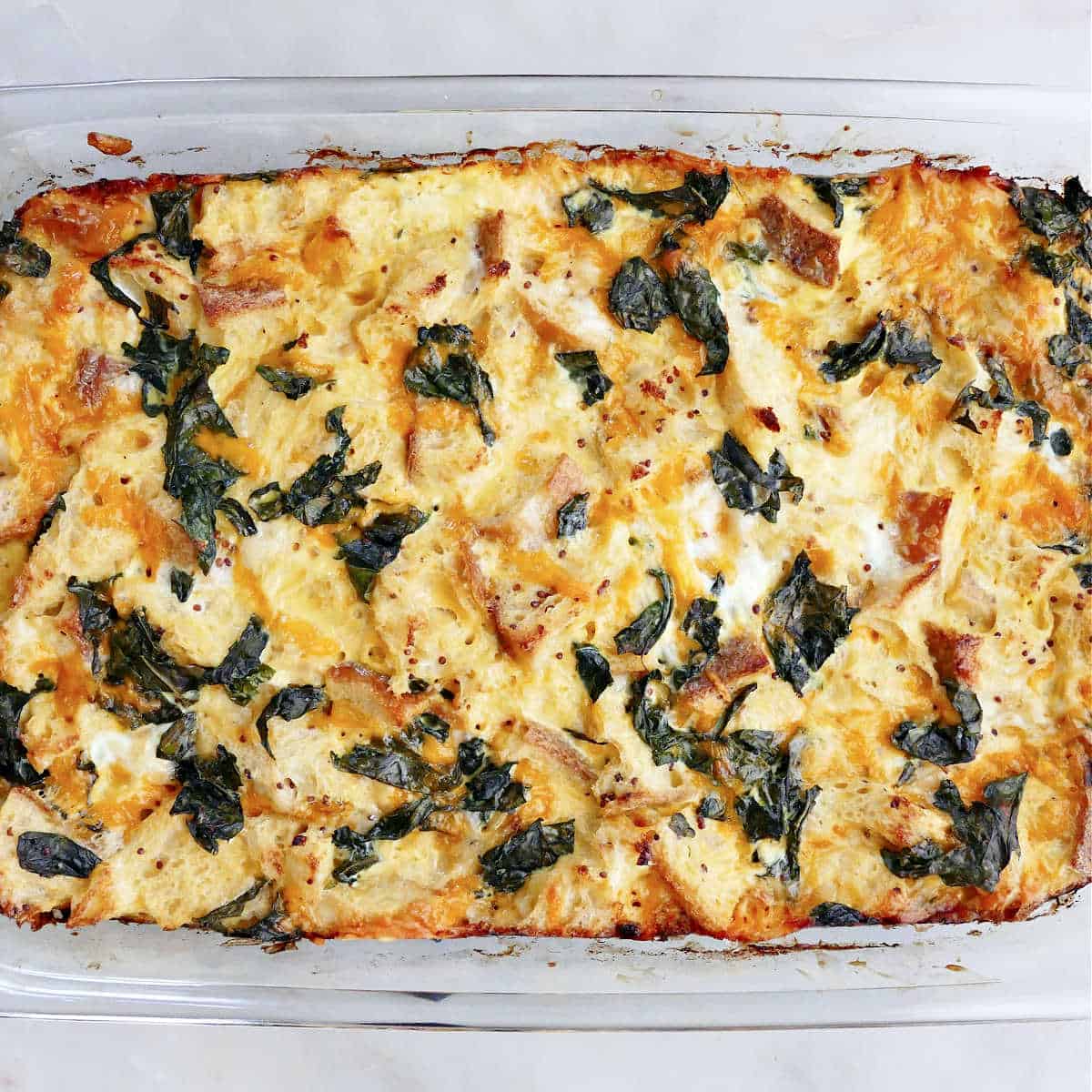 sourdough breakfast casserole with kale after coming out of the oven