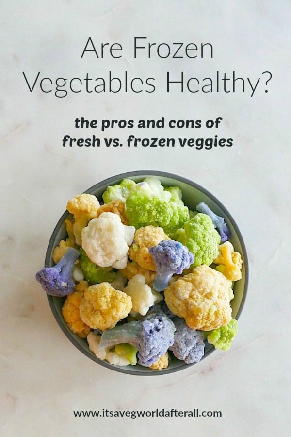 Picture of frozen cauliflower with text overlay that says Are Frozen Vegetables Healthy?