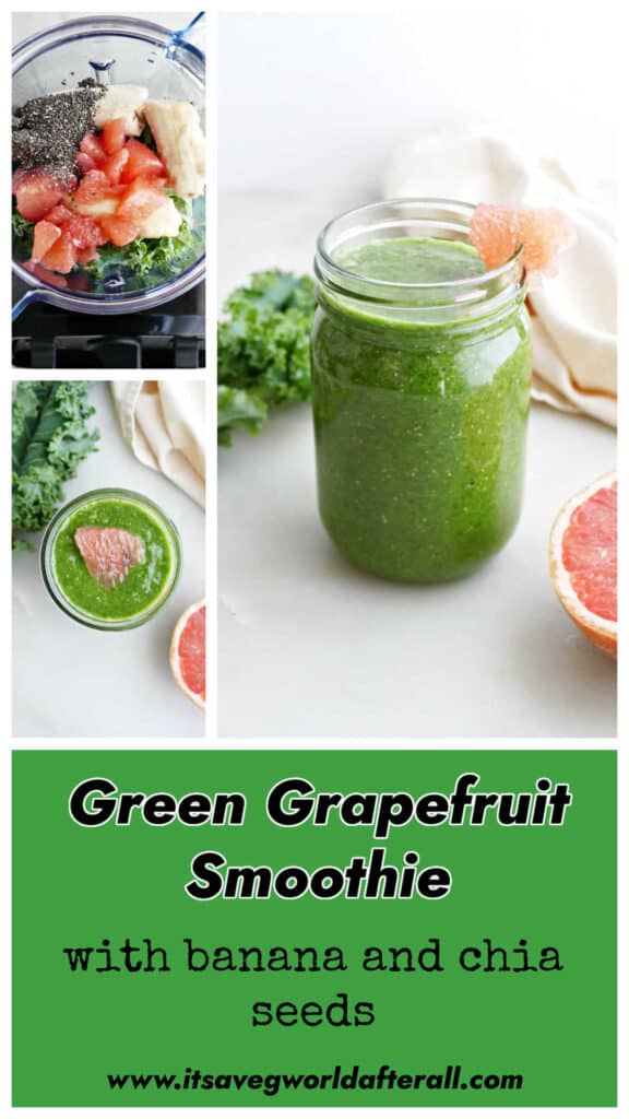 ingredients for grapefruit smoothie in a blender and smoothie in a glass with text box