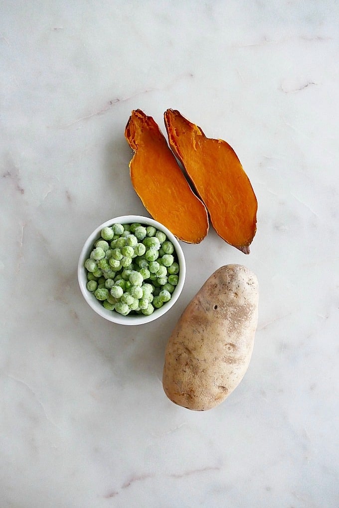 sweet potatoes, peas, and potatoes