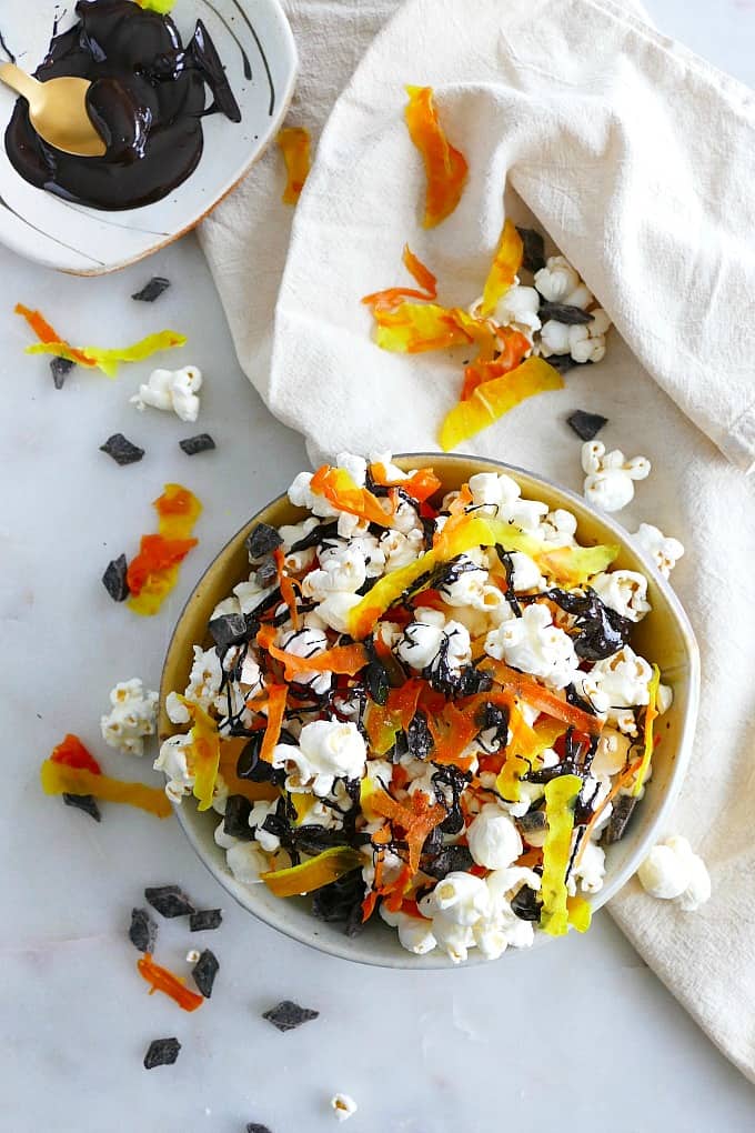 Candied Vegetable Popcorn Mix with chocolate