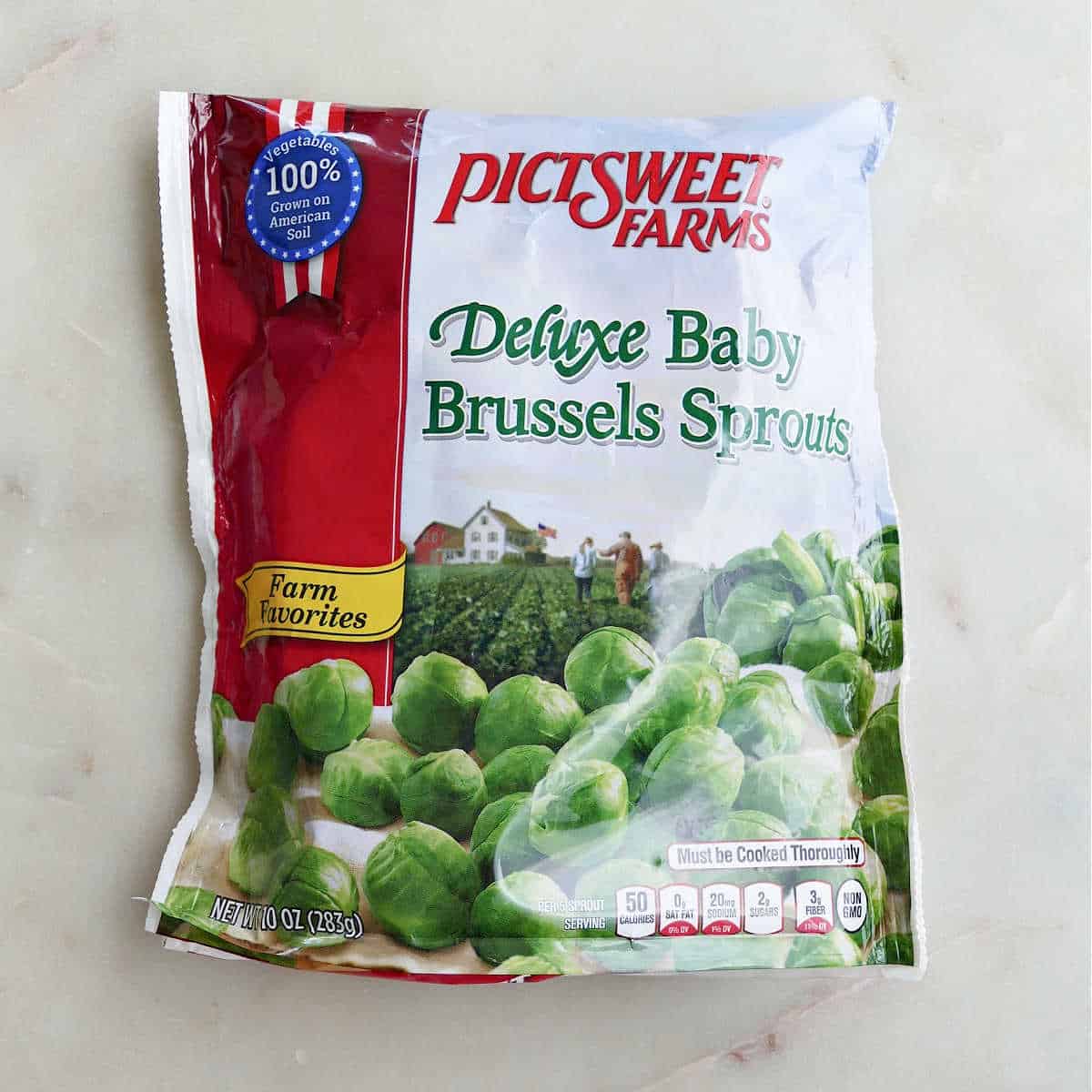bag of frozen brussels sprouts on a counter