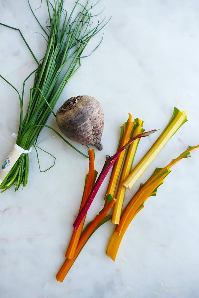 chives, beet, swiss chard stems