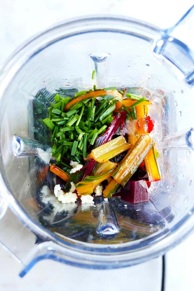 ingredients for chard and beet tahini dip in a blender