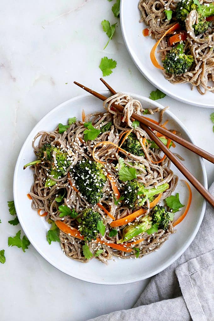 peanut soba noodles with roasted broccoli