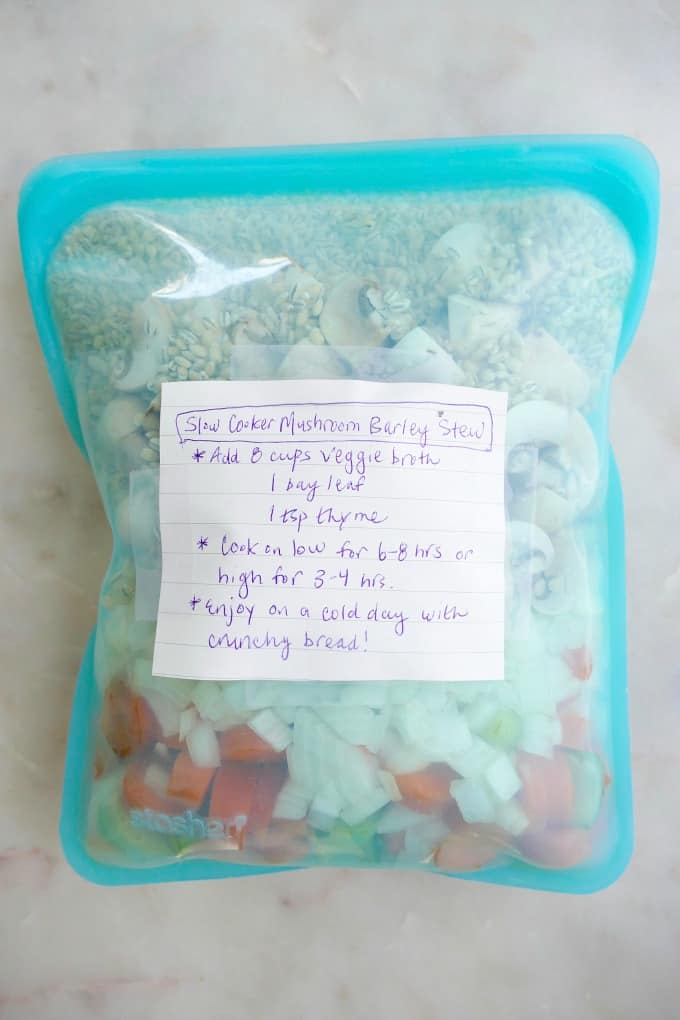 ingredients in a stasher bag with a label and notes about cooking time