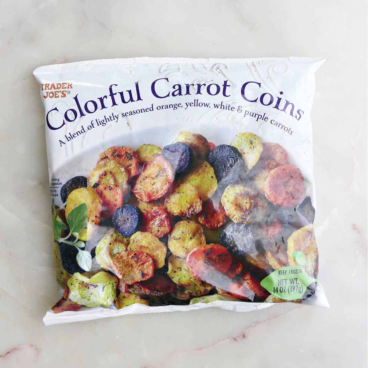 package of Trader joe's colorful carrot coins on a counter