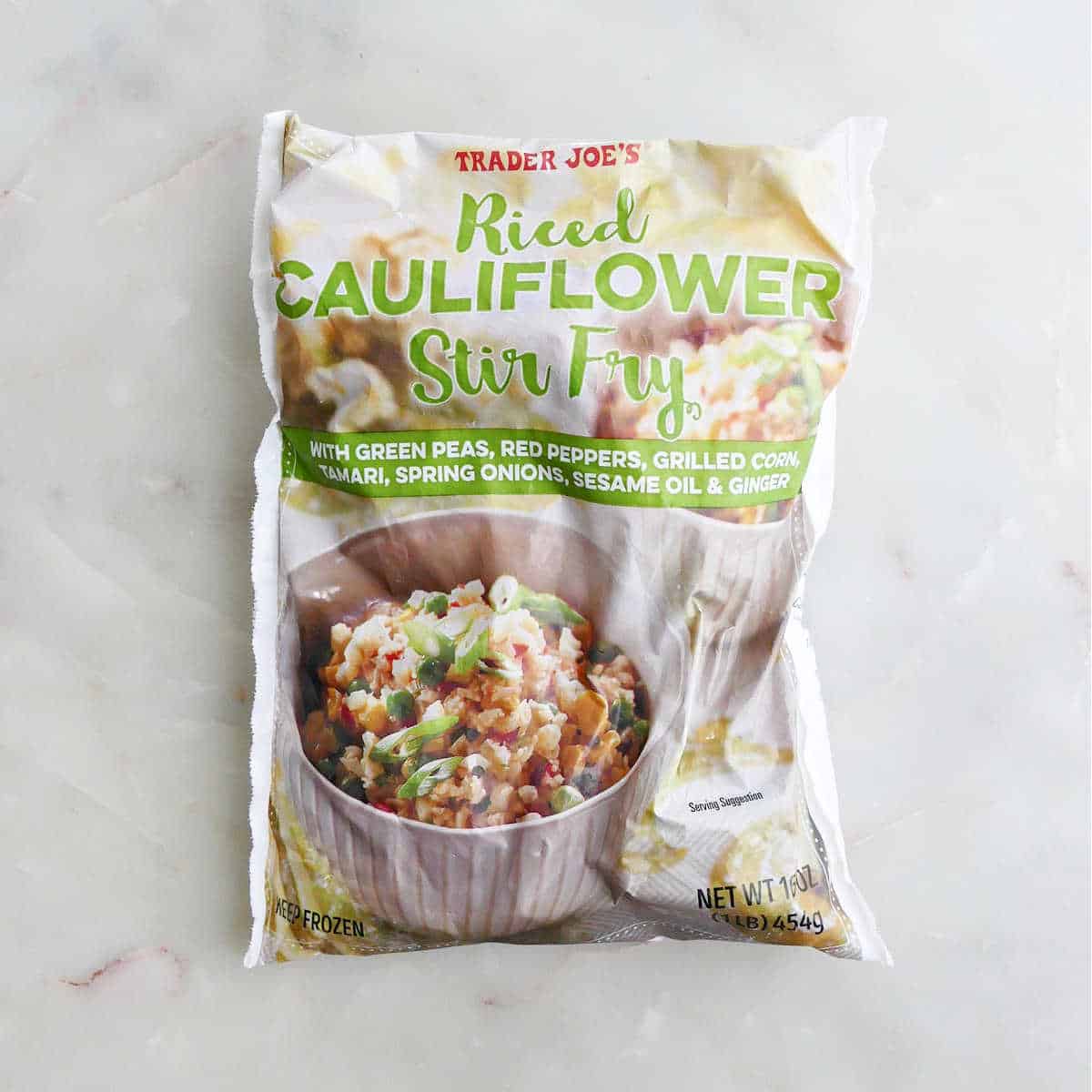package of Trader joe's riced cauliflower stir fry on a counter
