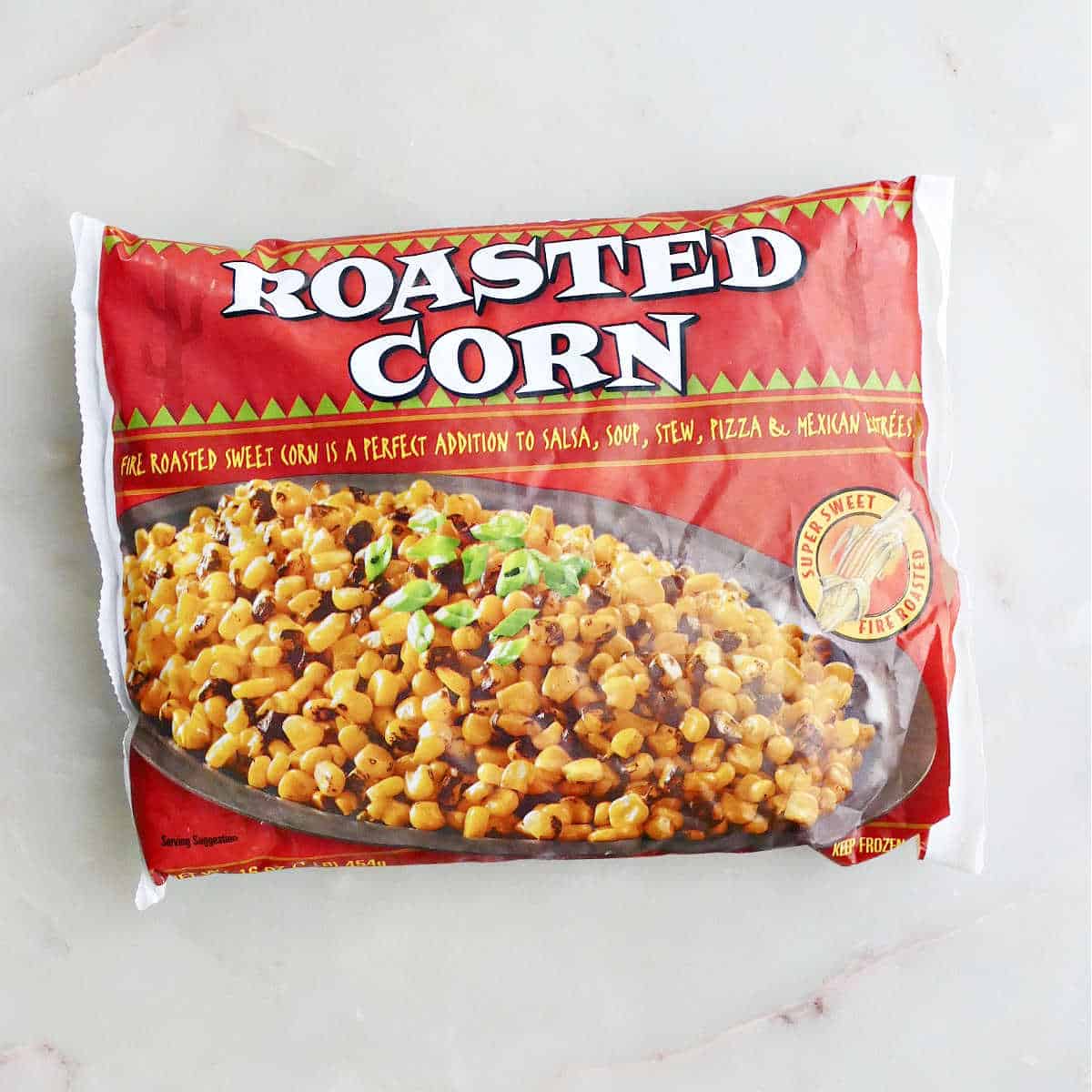 package of Trader joe's roasted corn on a counter