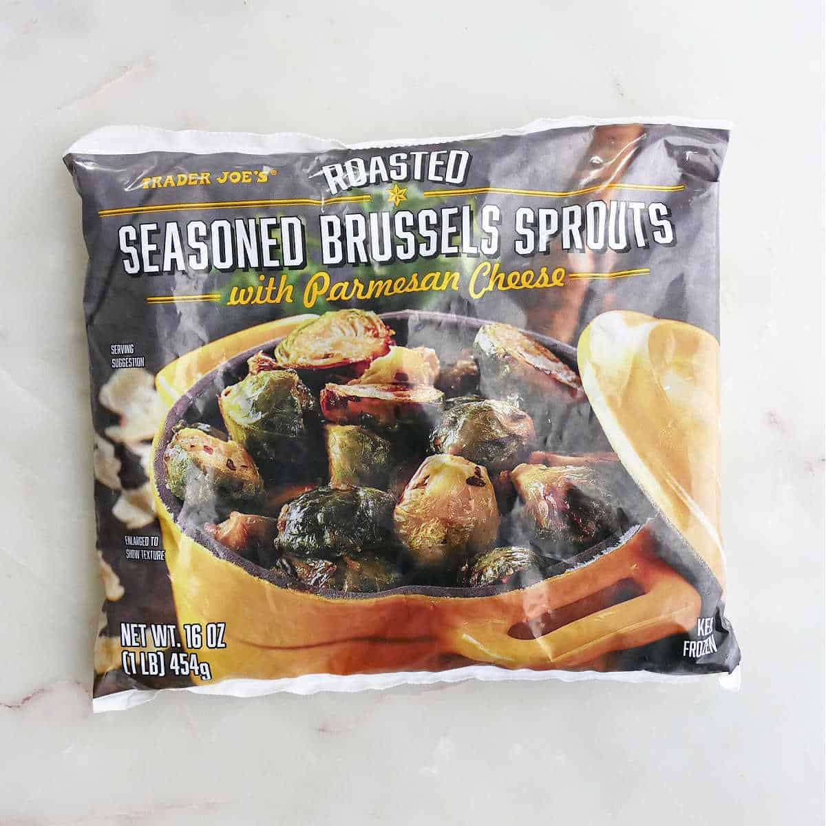 package of Trader joe's seasoned Brussels sprouts on a counter